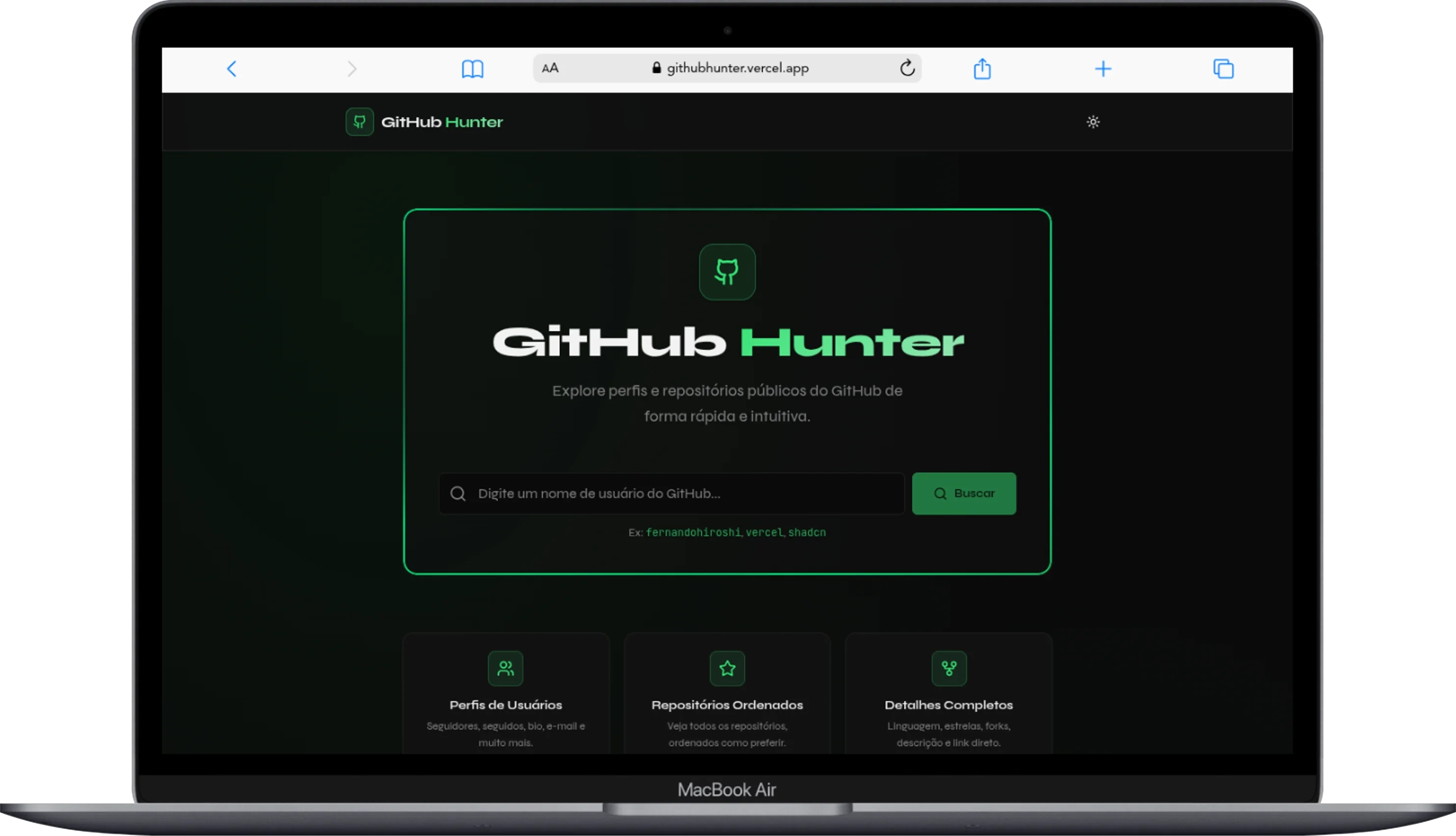 Projeto Next.js consumindo a GitHub API para buscar perfis e repositórios.